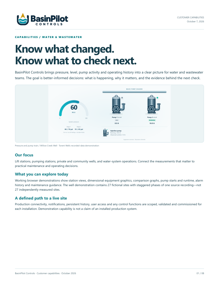Cover of the BasinPilot capabilities PDF: Know what changed. Know what to check next.